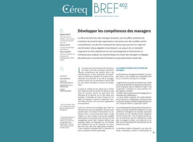 Le rôle et les fonctions des managers évoluent. Aux prises avec des modèles parfois contradictoires, les managers manquent de repères que pourrait leur apporter une formation mieux adaptée à leurs besoins. Ce Céreq Bref analyse les caractéristiques du travail des managers et dégage des pistes pour concevoir des formations au plus près de leur travail réel.